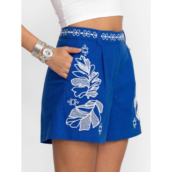 Johnny Was Jenah High Waist Blue and White Shorts NEW